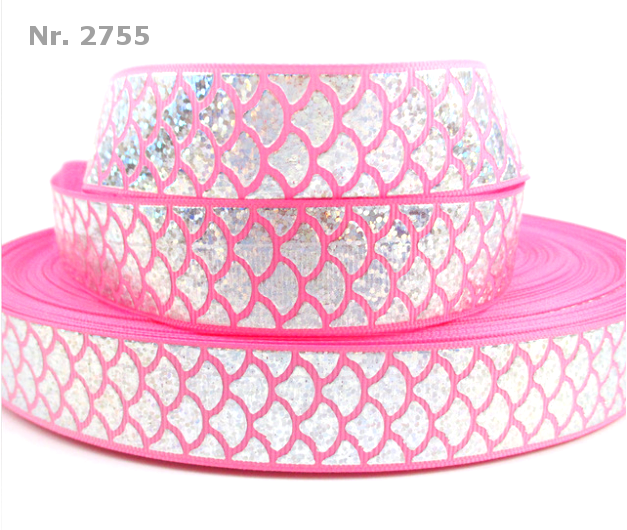 „Magical Mermaid Glow – Exklusives Ripsband mit holografischem Fischschuppen-Muster“ 25 mm