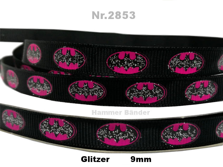 Superhelden-Glitzer Pink Ripsband 9mm