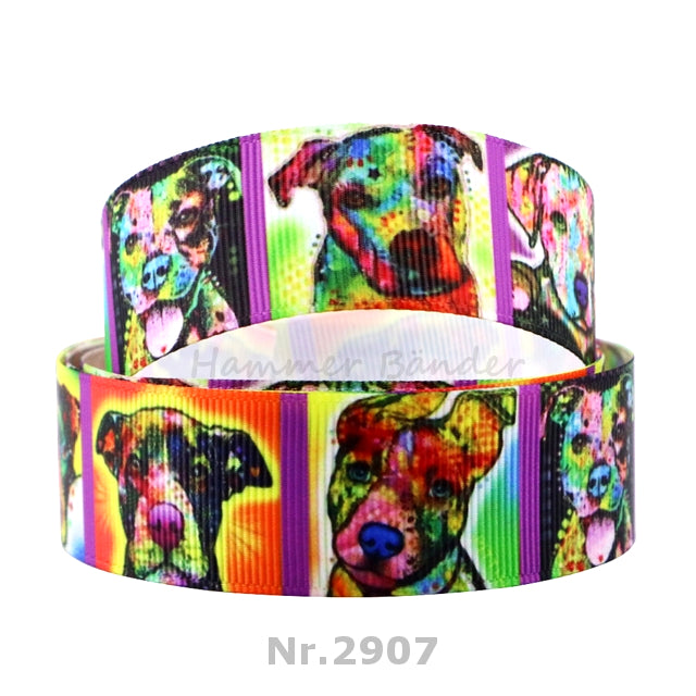 Pop Art Pitbull Ripsband 25 mm – Bunter Neon-Look