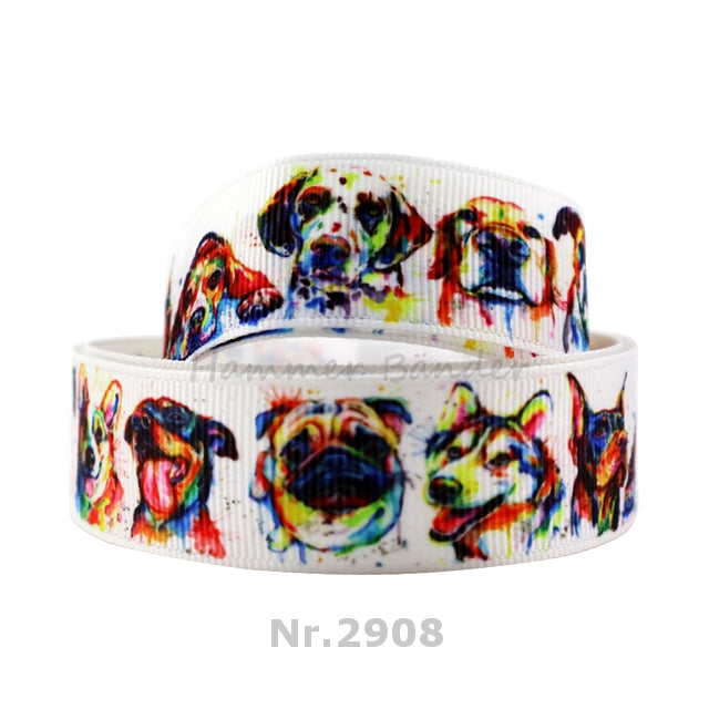 „Watercolor Woof – Farbenfrohes Aquarell-Ripsband mit vielen Rassen“ 22 mm