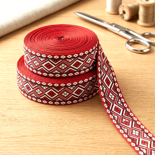 🏺 Traditionelles Ethno-Webband in kräftigem Rot mit geometrischem Rautenmuster – 33 mm ✨