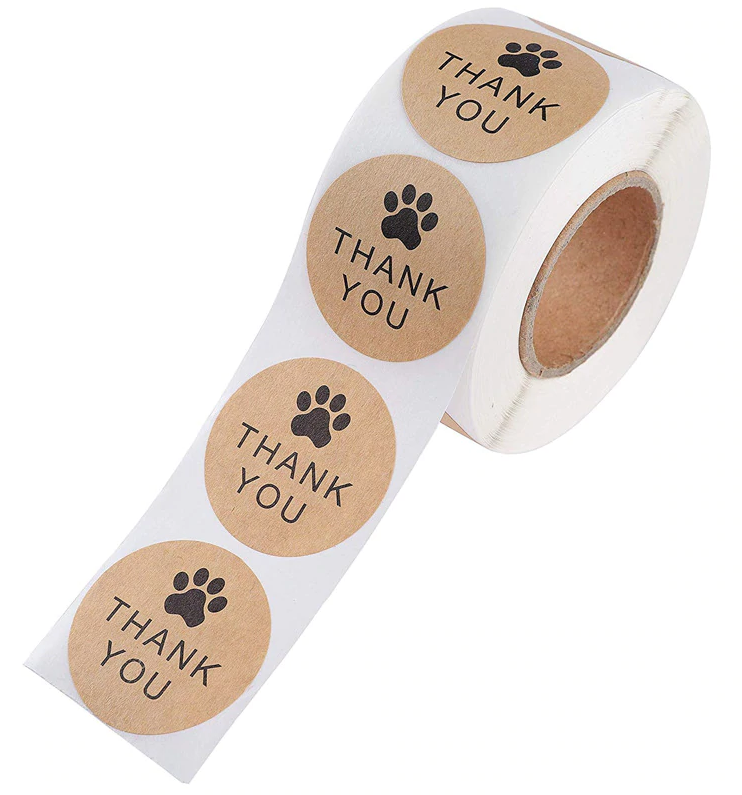 Kraftpapier Etiketten - Aufkleber Thank you! (Vielen Dank!) mit Pfotenabdruck (10er Pack)