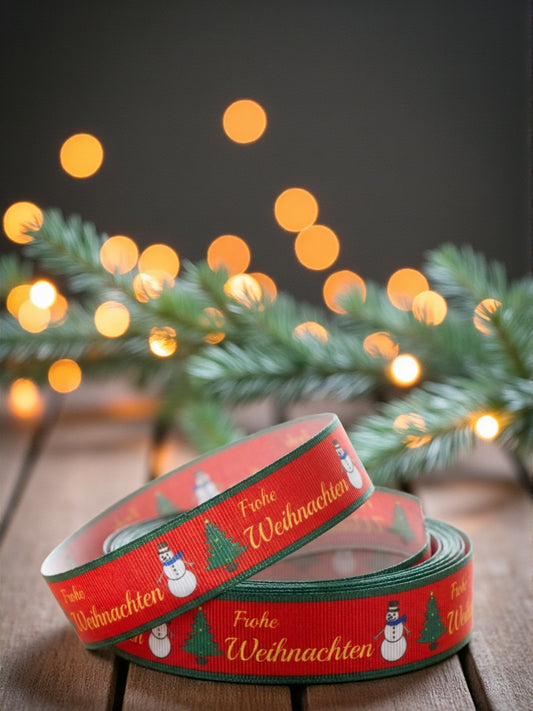 Exklusives Frohe Weihnachten -Band mit Tannenbaum & Schneemann – 25mm