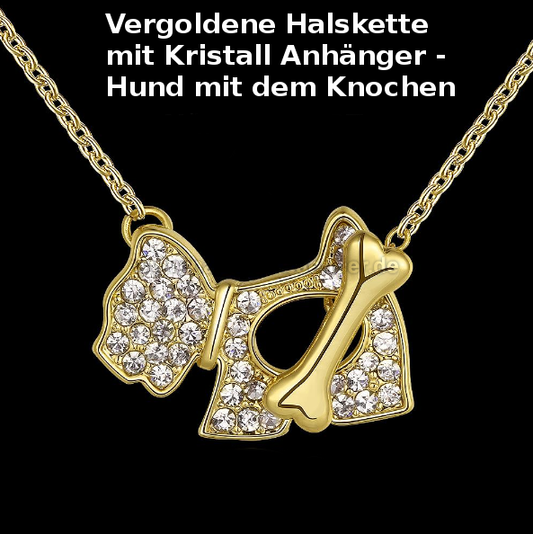 Vergoldete Halskette mit Kristallanhänger - Hund mit Knochen