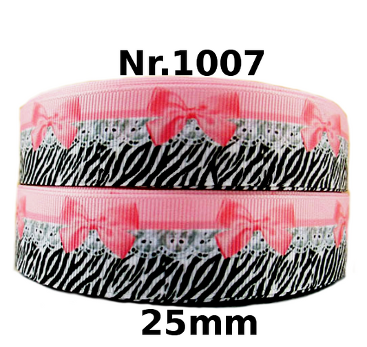 Zebra pattern ribbon with pink stripes & bow – 25mm