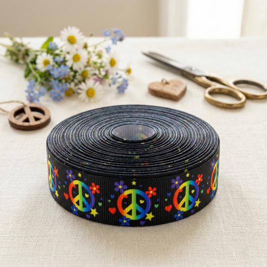 Colorful peace sign ribbon with flowers & hearts – 22mm