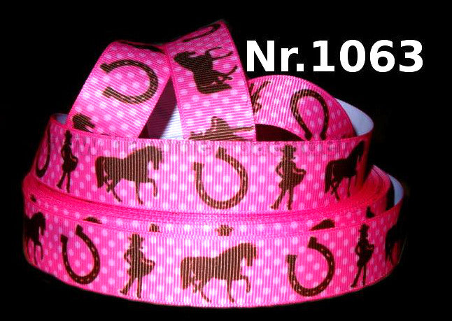 „Cowgirl Pink“ – Pferd & Hufeisen auf Punkten – Ripsband 22 mm