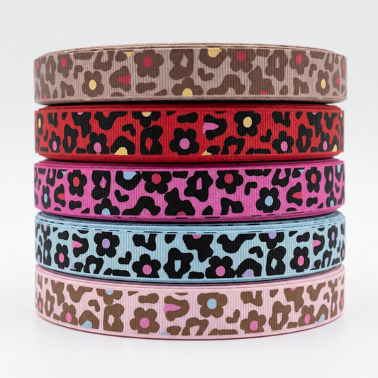 Grosgrain ribbon "LeoFlower" Leopard & Flowers – 16mm (Various Colors)