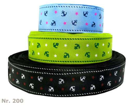 Maritimes Band – 25mm| Anker und Sternchen in Grün