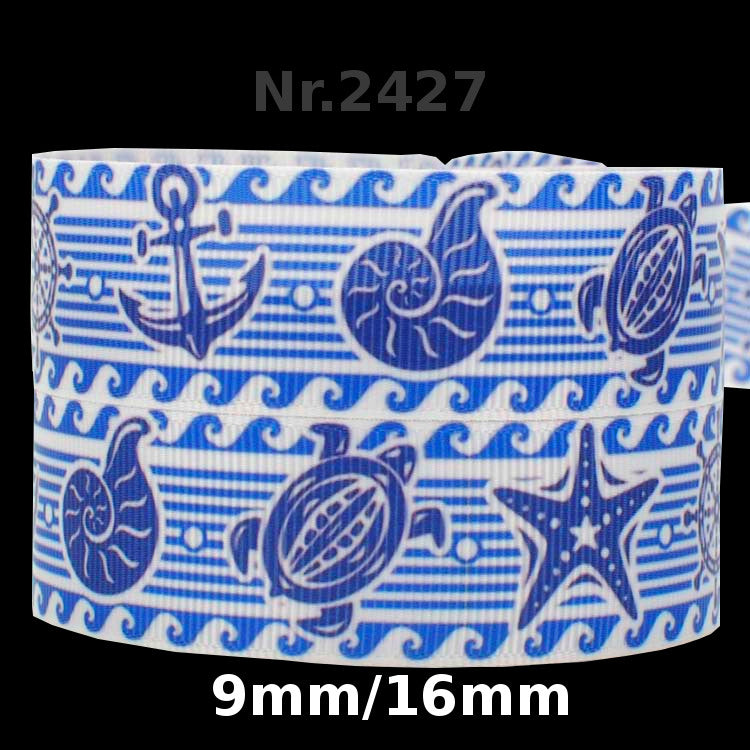 „Maritimer Wellen-Rhythmus – Blau-weißes Band mit Anker, Schildkröte & Muscheln“ 9 mm & 16 mm