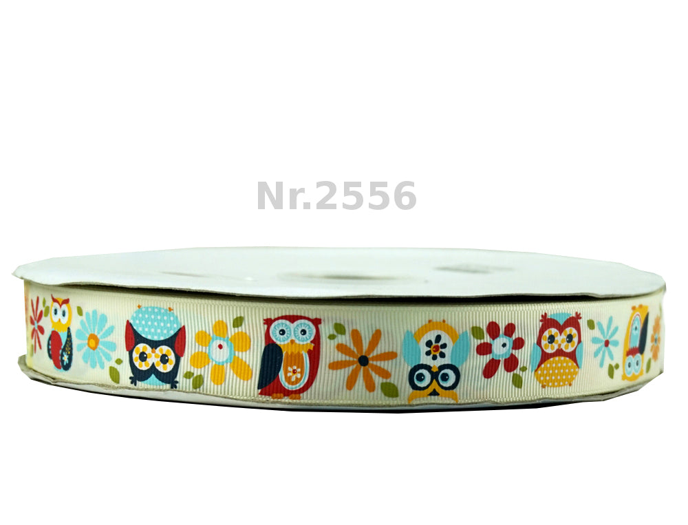 Bunte Eulen & Blumenwiese Ripsband 25mm