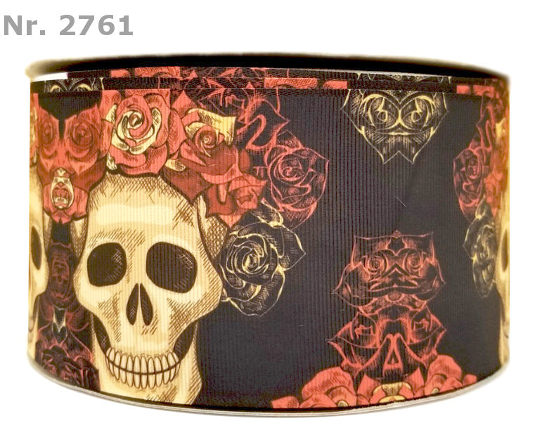 „Dark Rose Skull – Mystisches Ripsband mit Totenköpfen & tiefroten Rosen“ 22 mm
