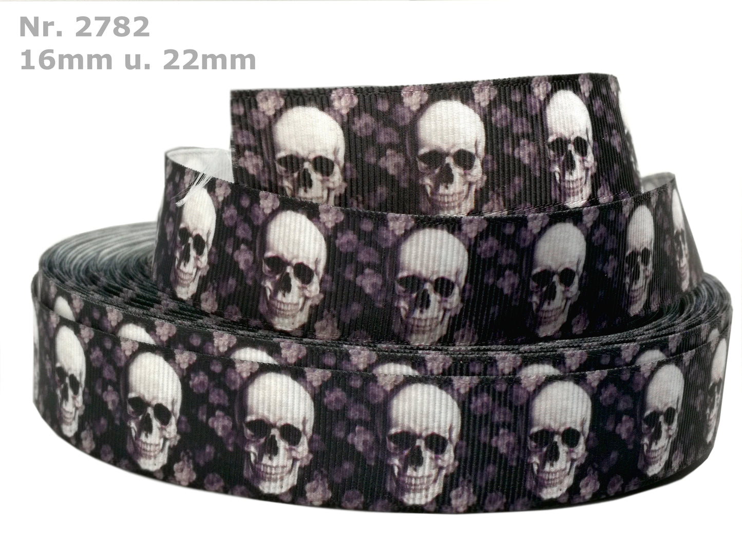 „Until Death – Mystisches Totenkopf-Ripsband mit violetten Rosen für ewige Verbundenheit“ 16 mm & 22 mm