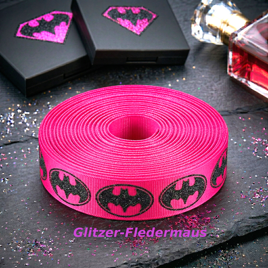 🦇 Fight with Glamour! – Glitzer-Fledermaus Ripsband in Magenta, Rosa & Gelb ✨