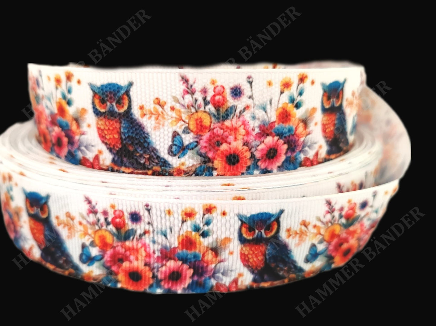 Colorful Owl & Flower Ribbon – 25mm