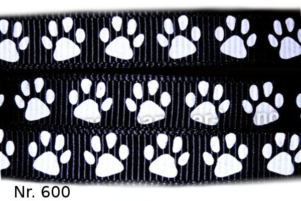 Pfotenabdruck-Band – 9mm, 3meter| Weiße Pfoten auf schwarzem Hintergrund