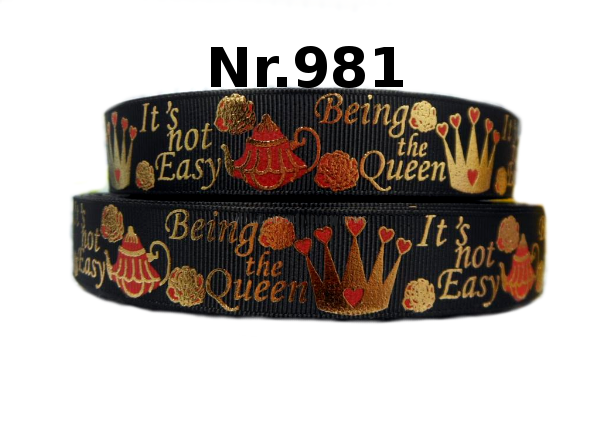 Grosgrain ribbon "The Queen" slogan & crown – Black/Gold