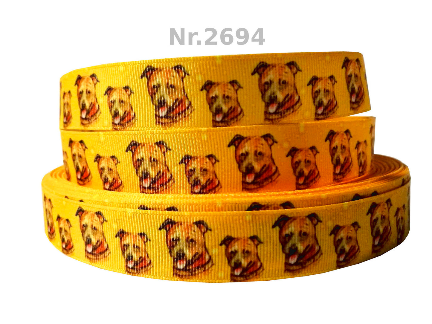 „Pitbull Pride – Sonnig-gelbes Ripsband mit handgezeichneten Bully-Porträts“ 22 mm