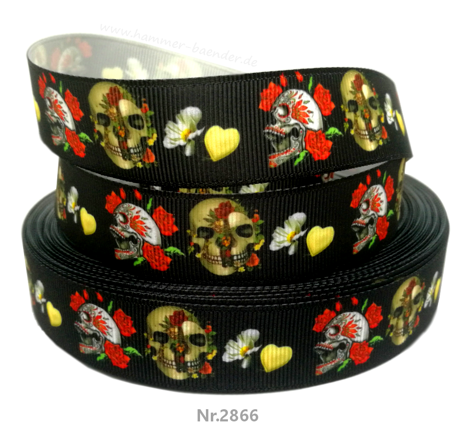 „Floral Bone Skull – Exklusives Ripsband mit Totenköpfen, Rosen & Herzen“ 22 mm
