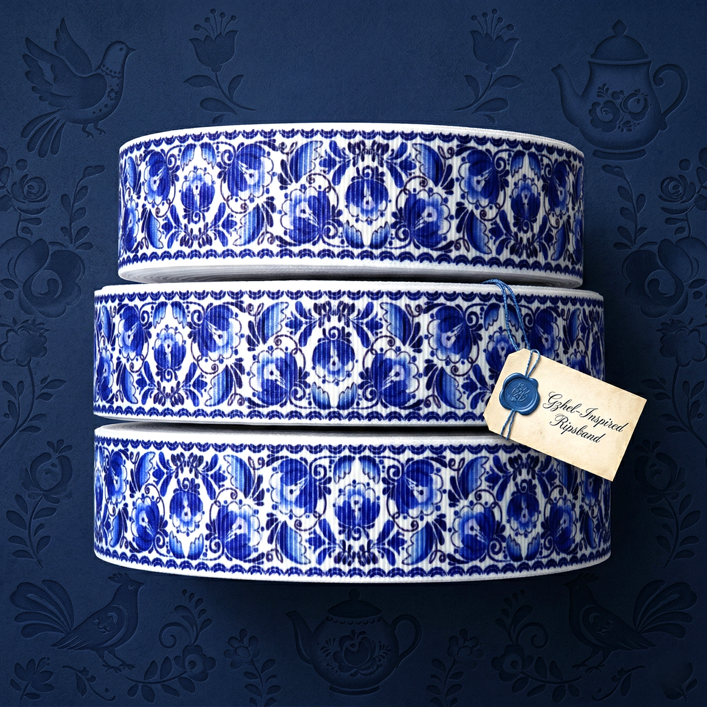 „Porcelain Dreams“ – Filigranes Ornament-Design in Blau-Weiß 25mm