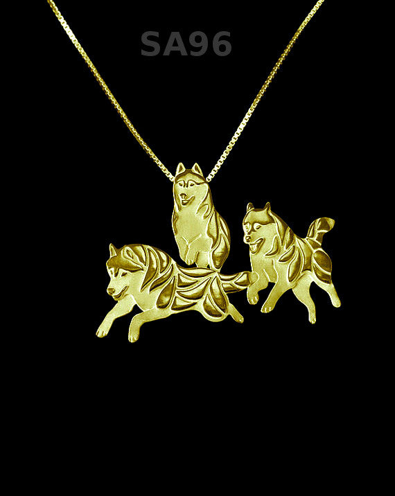 3 HUSKYS (GANZER KÖRPER)| Halskette mit Anhänger | Vergoldet