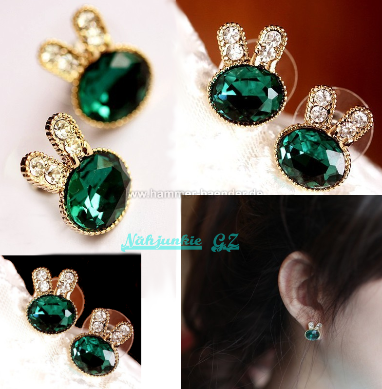 Rabbit earrings with imitation sapphire and rhinestones | Gold & Emerald Green