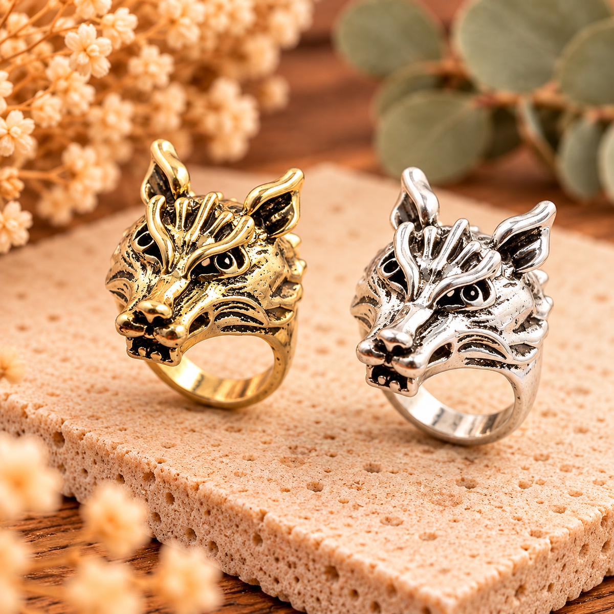 Wolfskopf Statement-Ring in Bronze-Gold und Silber