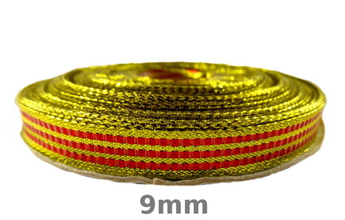 Goldene Eleganz – Webband 9 mm mit roten Streifen