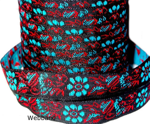 Blütenpracht – Webband 10 mm mit roten und blauen Blumen