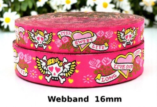Sweet Skulls – Webband 16 mm mit fliegenden Totenköpfen und Herzbotschaften