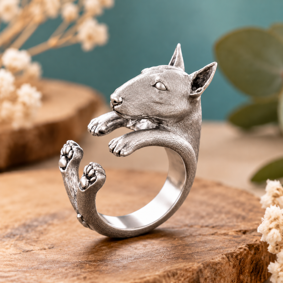 Bullterrier Wickelring versilbert 3D Hundemotiv