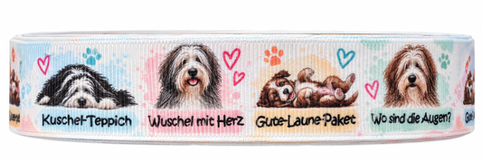 Bearded Collie-Ripsband 25 mm in Weiß, Rosa, Türkis, Grau, Braun und Schwarz, Motivansicht auf weißem Hintergrund