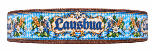 Lausbua-Ripsband 25 mm in Blau, Weiß, Braun, Grün und Gelb, Motivansicht auf weißem Hintergrund