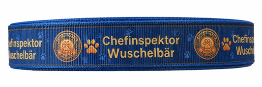 Chefinspektor-Ripsband 22 mm in Dunkelblau und Goldfarben, Motivansicht auf weißem Hintergrund