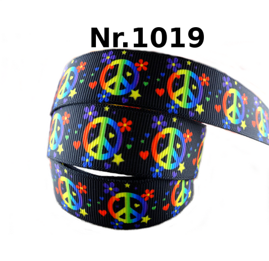 Buntes Peace-Zeichen Band mit Blumen & Herzen – 22mm