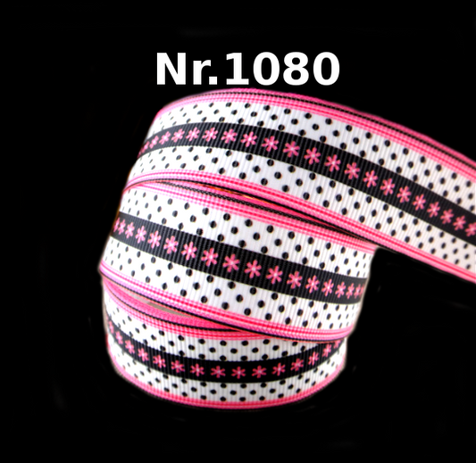 Pink Dreams: Blumiges Punktemuster-Band mit schwarzem Akzent – 25mm