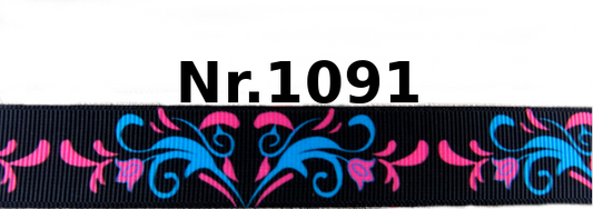 Blumenornament-Band in Pink und Blau auf Schwarz – 22mm