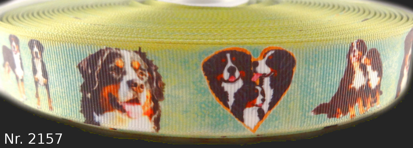 Exklusives  Bernhardiner mit Welpen -Band in Grüntönen – 25mm