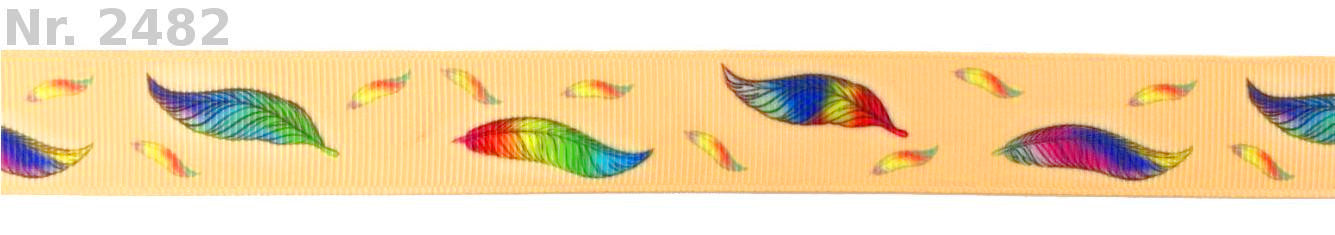 Exklusives  Bunte Federn auf Beige -Band – 22mm