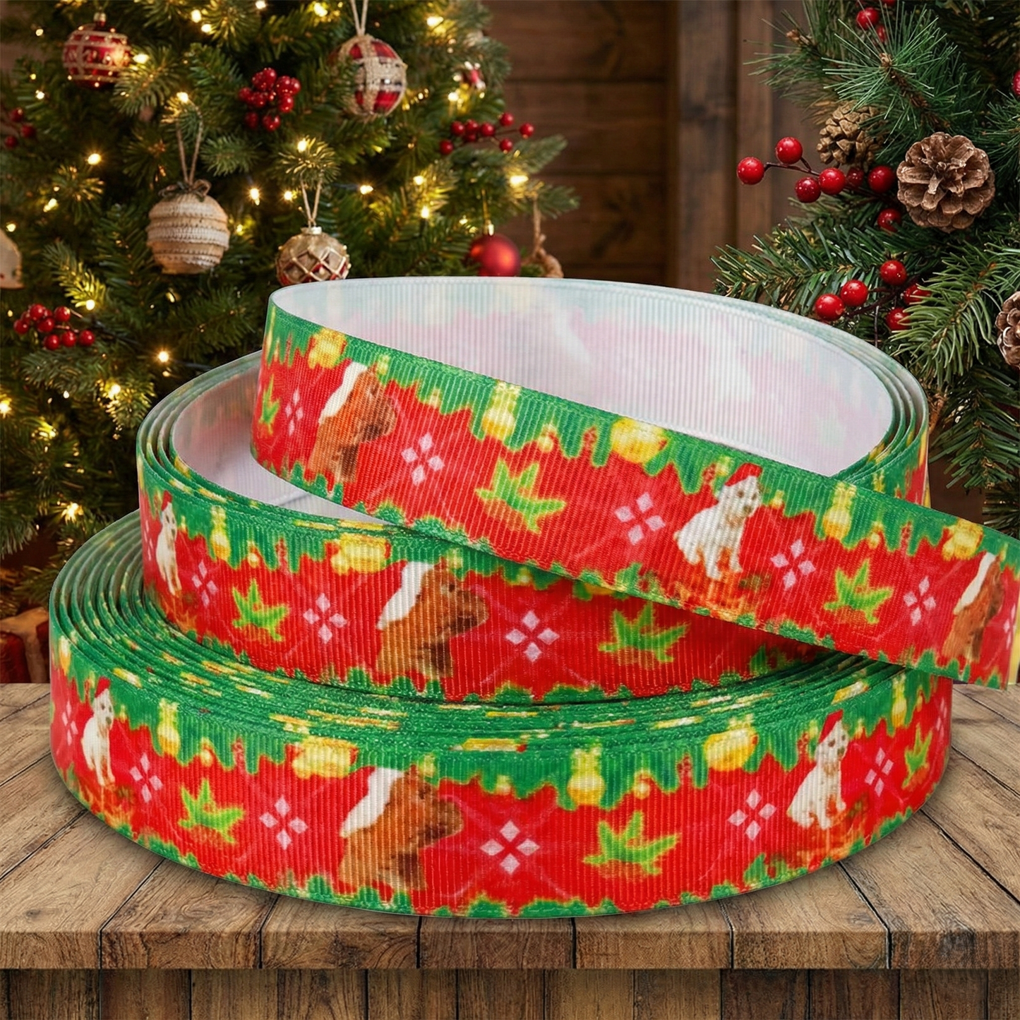 Exklusives  Weihnachtshunde - Band mit Nikolausmützen – 22mm