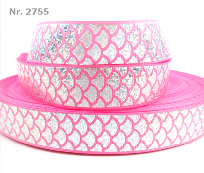 „Magical Mermaid Glow – Exklusives Ripsband mit holografischem Fischschuppen-Muster“ 25 mm