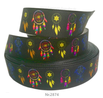 Exklusives  Bunte Traumfänger -Band auf Schwarz – 25mm