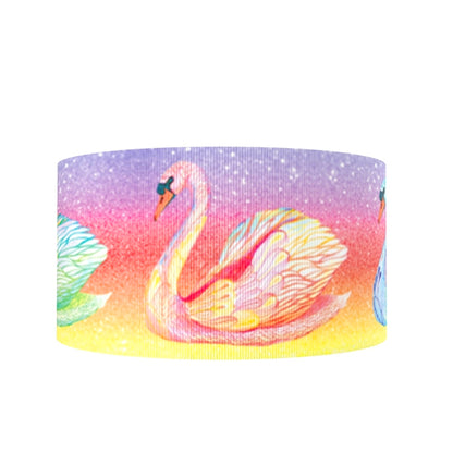 🦢 Zauberhafte Schwäne im Sternenhimmel – 22 mm Bedrucktes Ripsband ✨