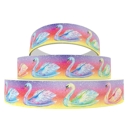 🦢 Zauberhafte Schwäne im Sternenhimmel – 22 mm Bedrucktes Ripsband ✨