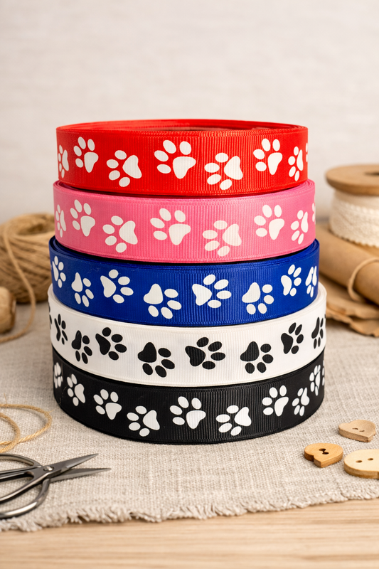 🐾 Tierische Pfoten-Prints – Klassisches Ripsband in Rot, Pink, Blau, Weiß & Schwarz 🐾