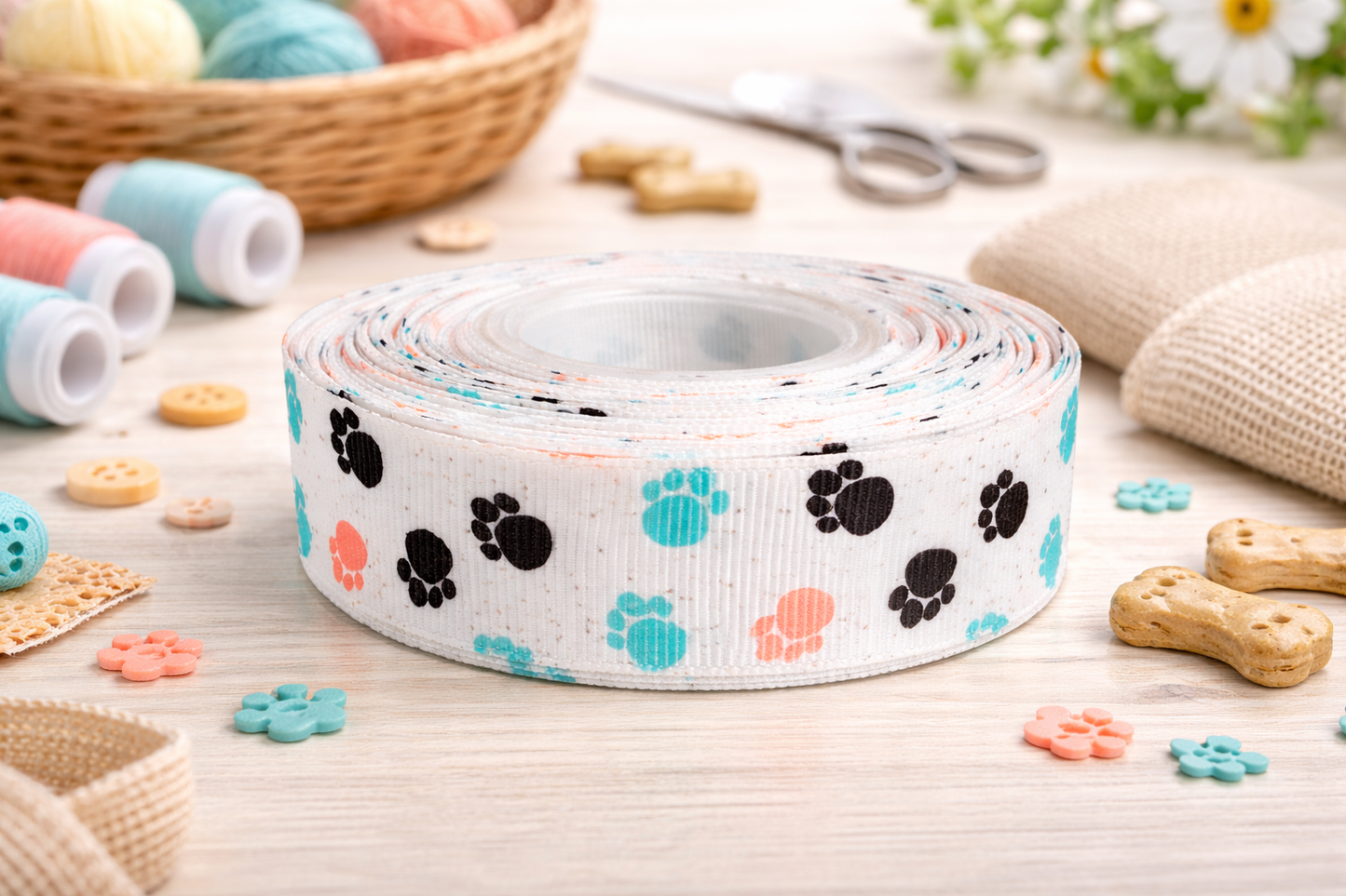 🐾 „Fröhliche Pfoten-Vielfalt – Verspieltes Ripsband in Weiß mit bunten Akzenten“ ✨