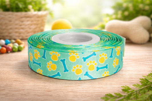 🐾 „Sommerliche Frische für Deine DIY-Ideen – Türkises Ripsband mit gelben Pfoten & blauen Knochen“ ✨