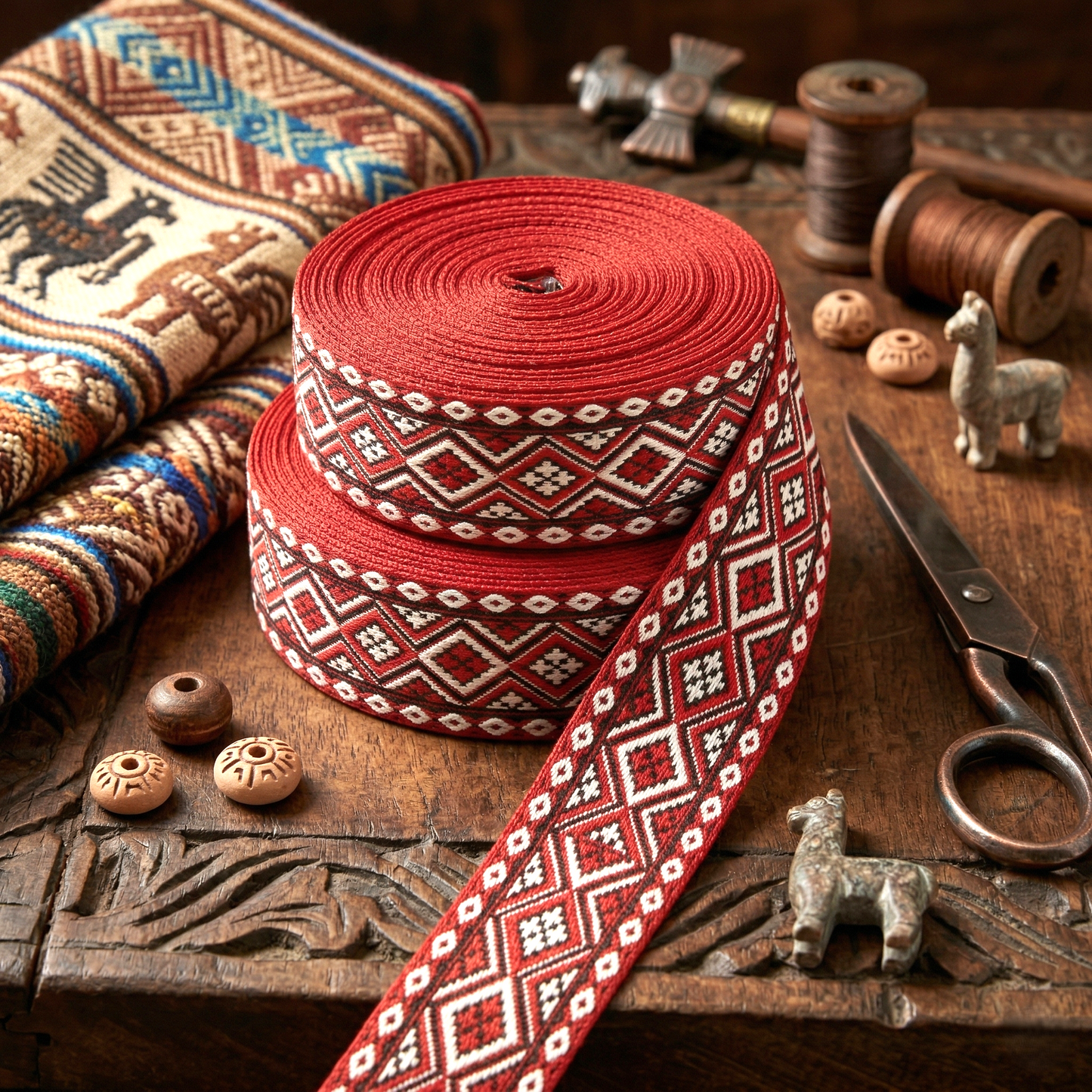🏺 Traditionelles Ethno-Webband in kräftigem Rot mit geometrischem Rautenmuster – 33 mm ✨