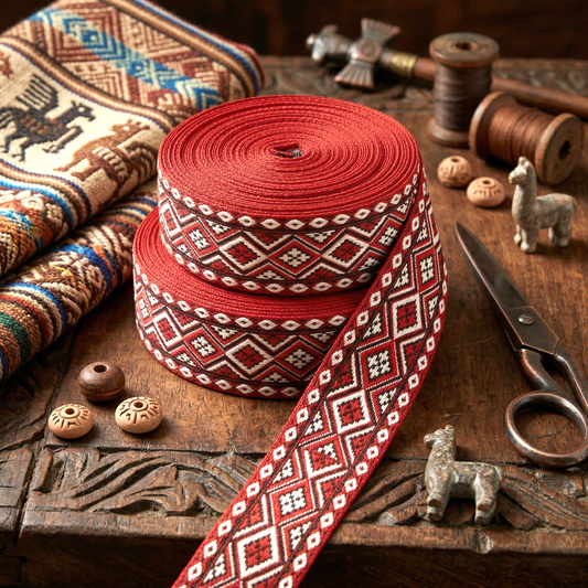 🏺 Traditionelles Ethno-Webband in kräftigem Rot mit geometrischem Rautenmuster – 33 mm ✨