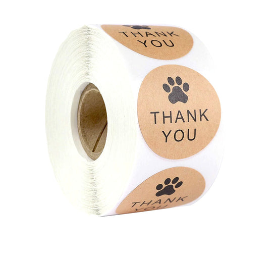 Kraftpapier Etiketten - Aufkleber  Thank you!  (Vielen Dank!) mit Pfotenabdruck  (10er Pack)